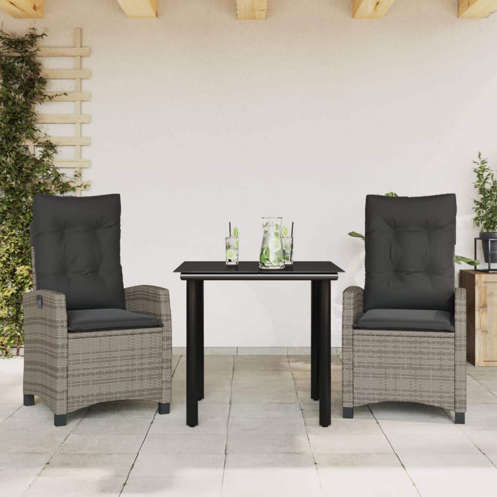 3-tlg. Garten-Essgruppe mit Kissen Grau Poly Rattan